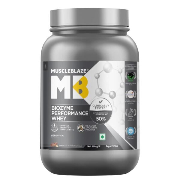 Muscleblaze Biozyme Performance Whey Protein | Clinically Tested 50% Higher Protein Absorption | Informed Choice Uk, Labdoor Usa Certified & Us Patent Filed Eaf (Chocolate Hazelnut, 1 Kg / 2.2 Lb).