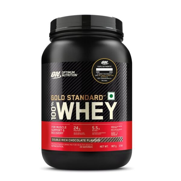 Optimum Nutrition (ON) Gold Standard 100% Whey (2 lbs/907 g) (Double Rich Chocolate) Protein Powder for Muscle Support & Recovery, Vegetarian - Primary Source Whey Isolate