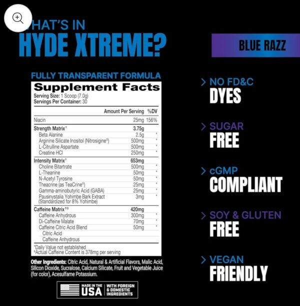 ProSupps Hyde Xtreme Hard-Hitting Energy Pre Workout - 195 gm (0.42 Lb), Blue Razz